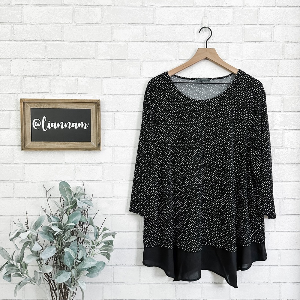 ADRIANNA PAPELL Black Dot 3/4 Sleeve Chiffon Bottom Top